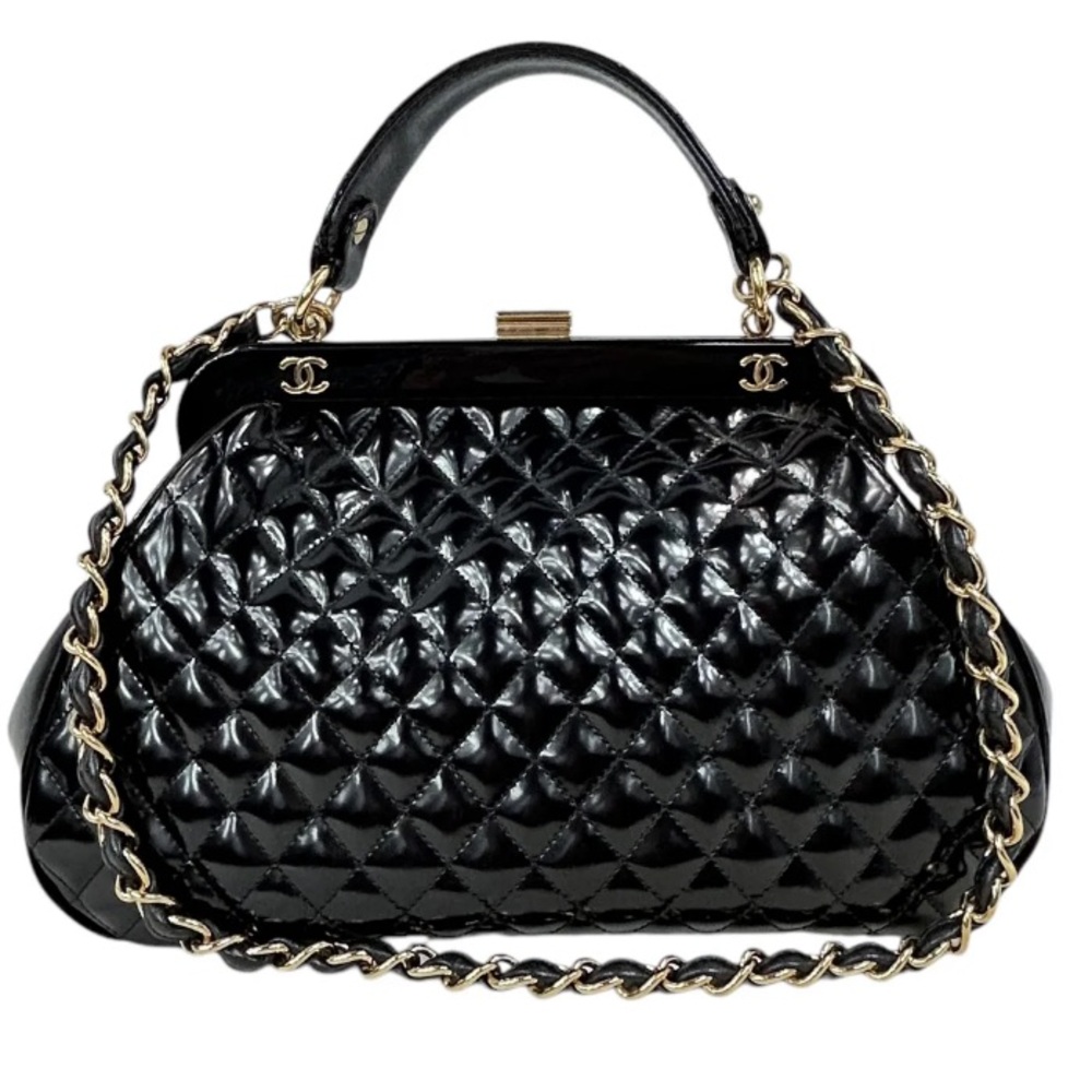 CHANEL Vintage Patent Black Quilted Mademoiselle Frame Top Handle Bag w/GHW